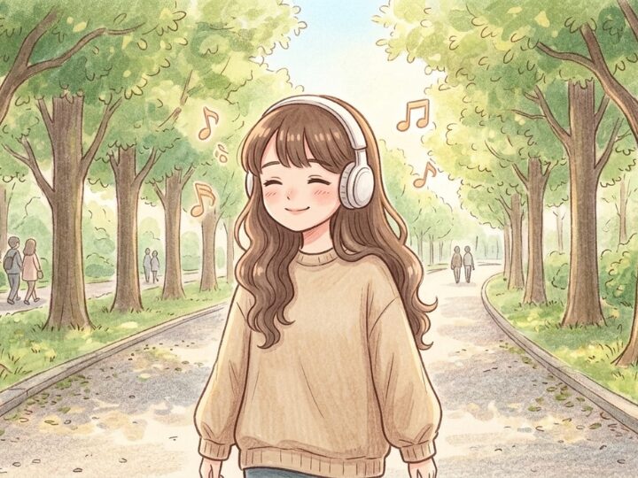 散歩しながらaudibleを楽しむ様子