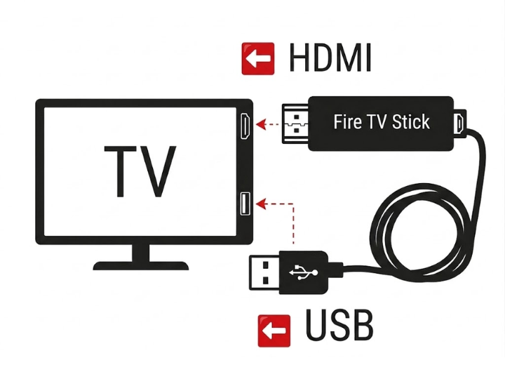 Fire TV Stick本体をテレビのHDMI端子へ、電源用USBケーブルをテレビのUSB端子へ接続する手順を赤い矢印で分かりやすく示した解説イラスト
