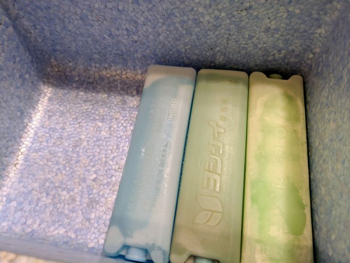 ヨシケイの宅配ミールキット：発泡スチロールにしっかり保冷剤が入った状態で届く