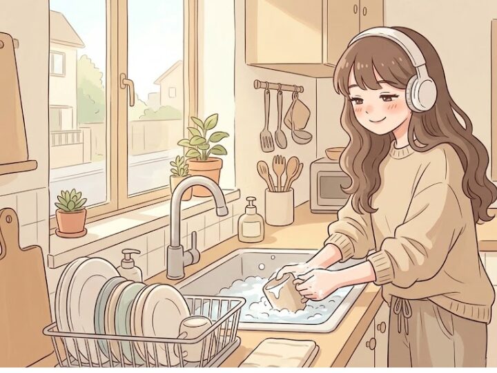 キッチンで洗い物などの家事をしている様子