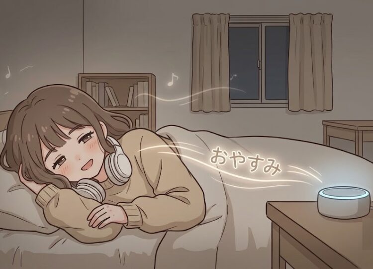 夜のベッドで布団に入り横になったまま枕元のサイドテーブル上の円筒形の小さなスマートスピーカー風の置き物へ顔を向けて「おやすみ」と話しかけている。