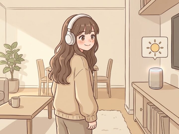 棚の円筒形の小さなスマートスピーカー風の置き物へ話しかけている女の子