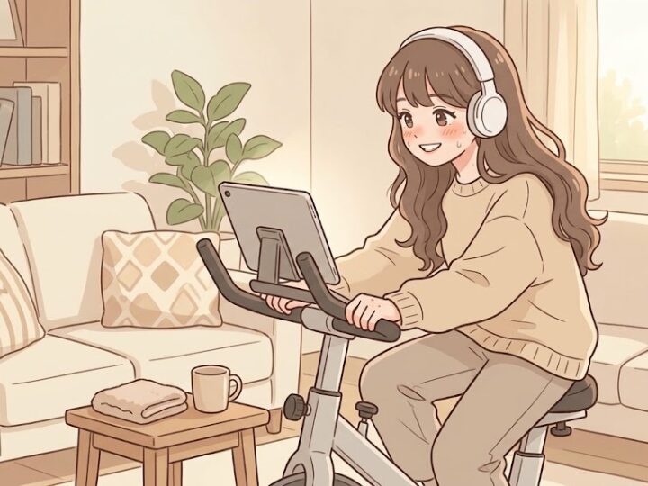 リビングの一角で室内用エアロバイクに座り、リラックスした様子でペダルを漕いでいる女の子。