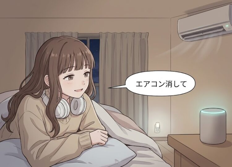 夏の夜のベッドで、布団に入っり横になったまま枕元のサイドテーブル上の円筒形の小さなスマートスピーカー風の置き物へ顔を向けて「エアコン消して」と話しかけている。