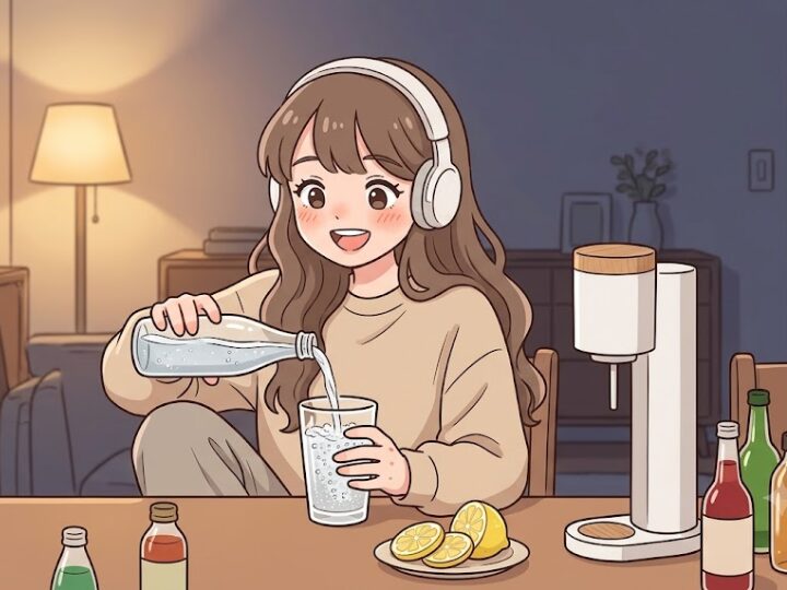 夜のダイニングテーブルで、女の子がグラスに炭酸を注いで自分好みのソーダ割りを作っているところ。