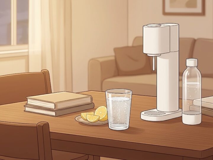 夕方のあたたかいリビングダイニングの一角、木目のテーブルの上に、注ぎたての炭酸ドリンクの入ったグラスと、円筒形の炭酸メーカー風の器具、専用ボトルが心地よく配置されている。