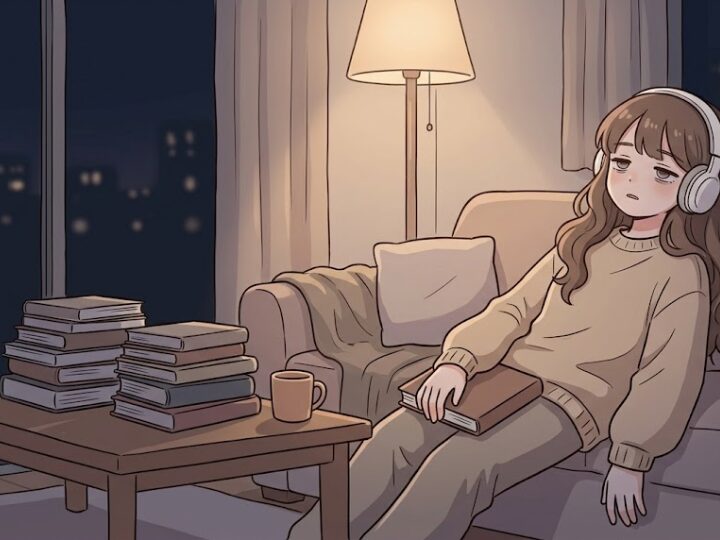 夜、帰宅した女の子がソファにぐったりもたれ、ぐったり疲れた半目でうんざり気味の表情。
