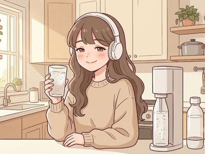 キッチンのカウンターに立った女の子が、作りたての炭酸ドリンクの入った透明なグラスを片手に持ち、こちらへ軽く掲げながら満足そうに微笑んでいる。