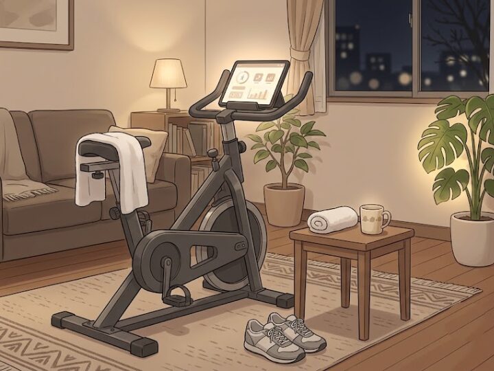 夜のリビングの一に、室内用エアロバイクが静かに置かれている様子
