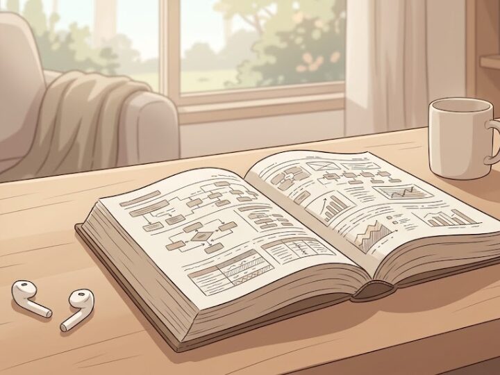 木のデスクの上に、図やグラフの描き込まれた技術書・参考書風の本が開いて置かれ、傍らにイヤホンだけがそっと外して置かれている
