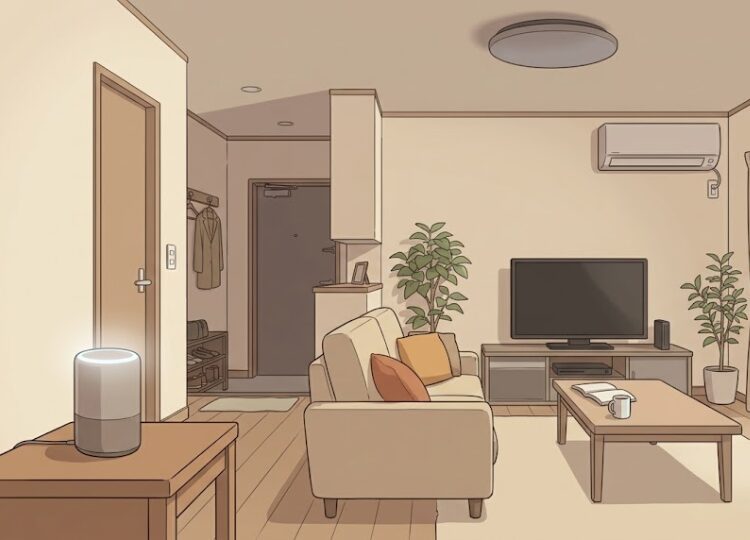 玄関に近いリビングを画面奥まで見せた雰囲気カット。手前のサイドテーブルに円筒形の小さなスマートスピーカー風の置き物があり、上部のリングがはっきり淡く発光して発話に反応している。