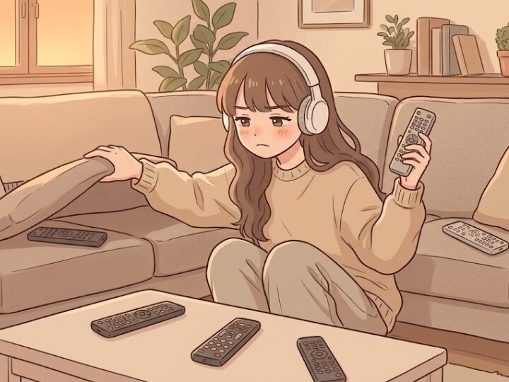 テーブルにもソファにもリモコンが4〜5本バラバラに散らばっていて「どれがどれ？」というちょっとうんざりした表情。