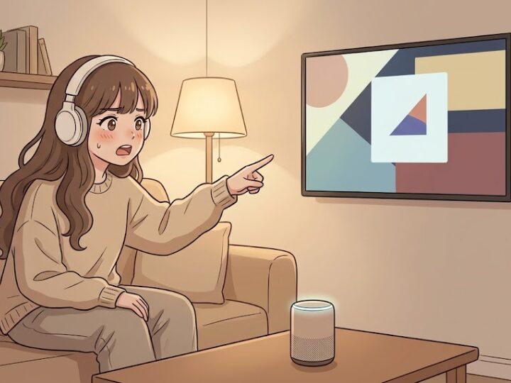 夜のリビングのソファに座った女の子が、正面の壁掛けテレビに映る見慣れないアプリの起動画面を見て、口を半開きにし眉を寄せた「え、誰…?」という戸惑い顔でテレビを指差している。