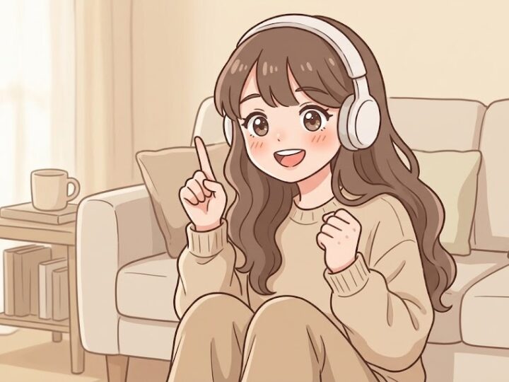 片手の人差し指をピンと立てて「なるほど、こうすればいいんだ！」と目を明るく見開き、ぱっと表情が晴れた前のめりのポーズをとっている。
