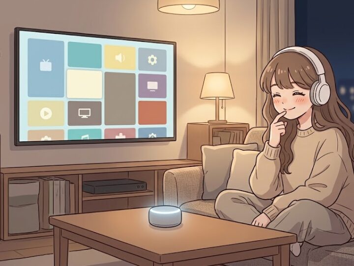 夜のリビングのソファに座った女の子が、片手を軽く口元に添えて丁寧に発話しながら、顔と体をローテーブルの円筒形の小さなスマートスピーカー風の置き物のほうへ向けている。