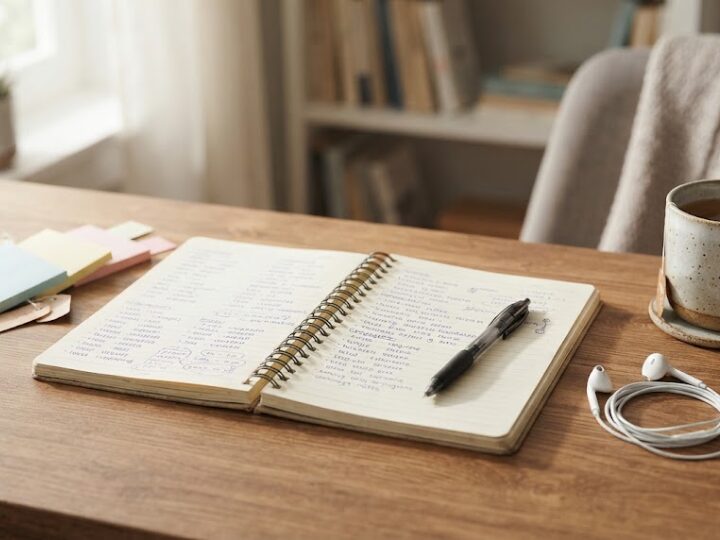 手書きの語学ノートとペン、付箋とイヤホン、紅茶が置かれた勉強机|家でできる趣味の語学学習