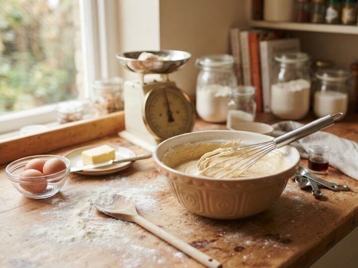 ボウルに入った生地と泡立て器、卵やバターが並んだキッチンカウンター|家でできる趣味のお菓子作り
